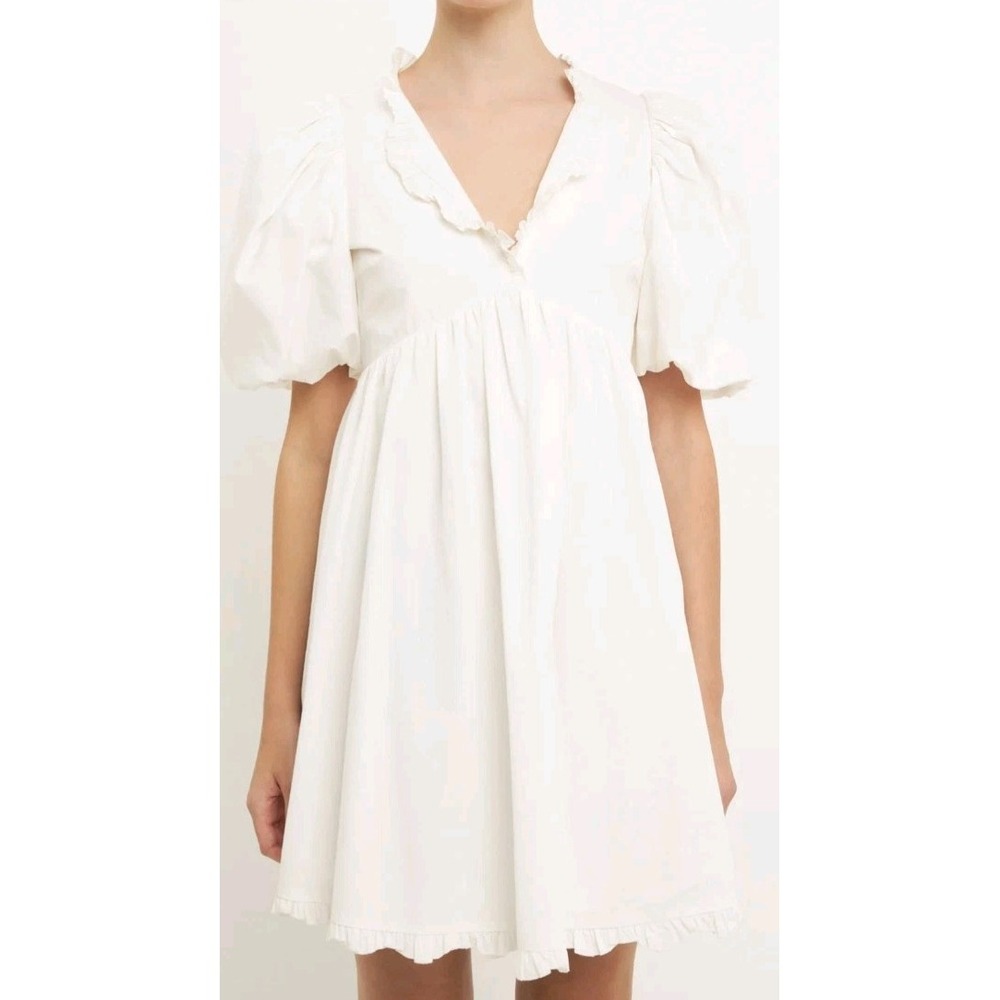 NWT Endless Rose Ruffled Detail Mini Dress Day Drift Away White Puff Sleeve XS
